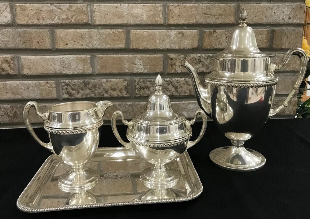 International Silver On Copper Tea/coffee Cream Sugar set Tray 6 Piece Set