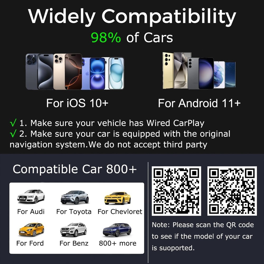 Wireless CarPlay Adapter for Apple iPhone & Android Auto USB Adapter Plug & Play