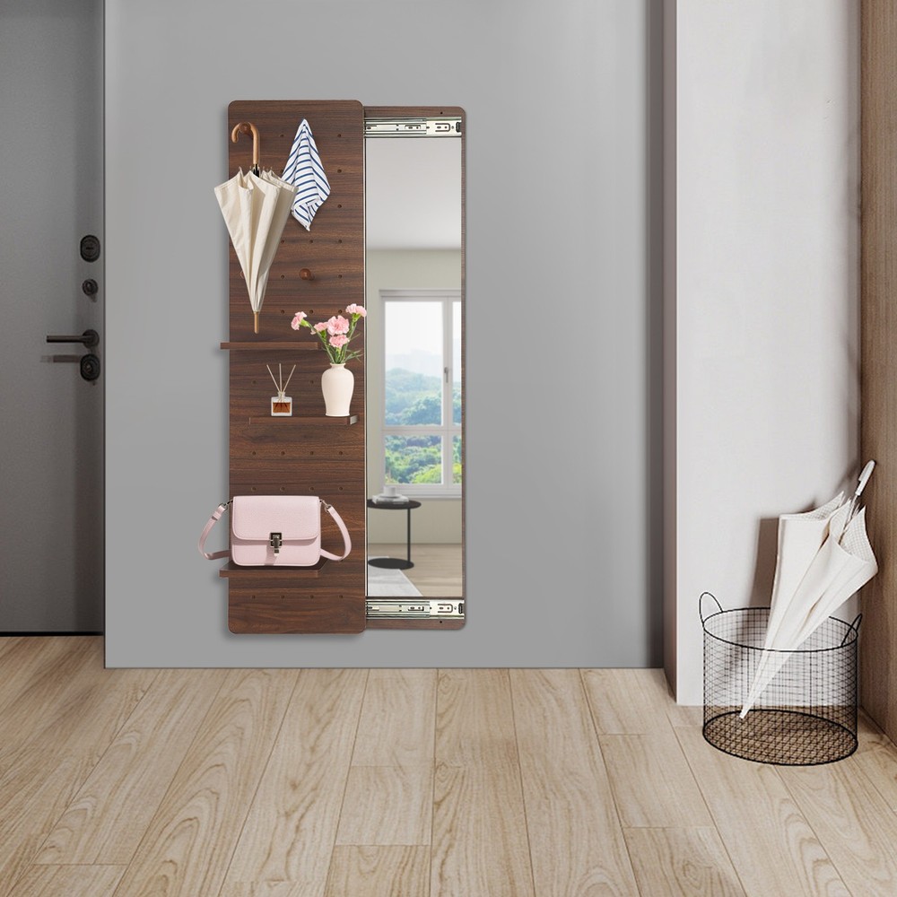 Hide Wall-mounted Full-length Dressing Mirror With Shelves Hooks And Slide Rail