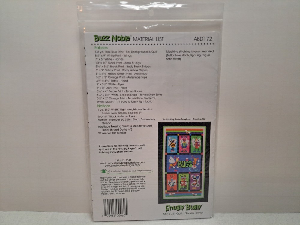 Amy Bradly Pattern - Snugly Bugly: Buzz Noble #ABD172 - Uncut