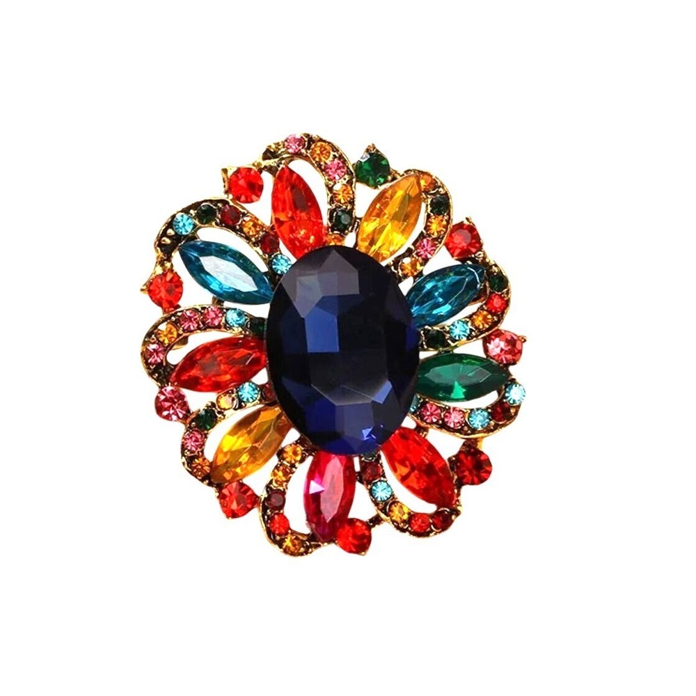 Multicolor Rhinestone Oval Flower Brooch Pin