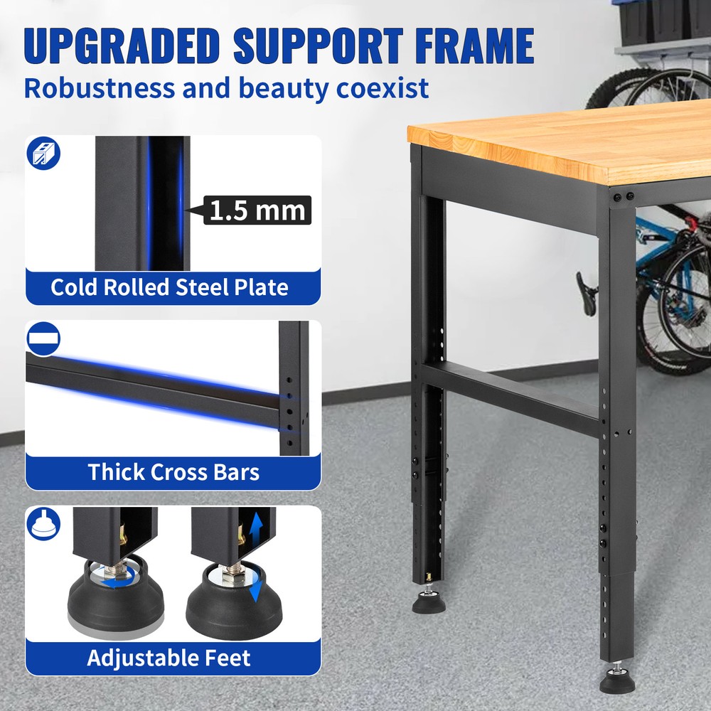 Adjustable Height Workbench 61"L x 20"W Work Bench Table w/ Power Outlets