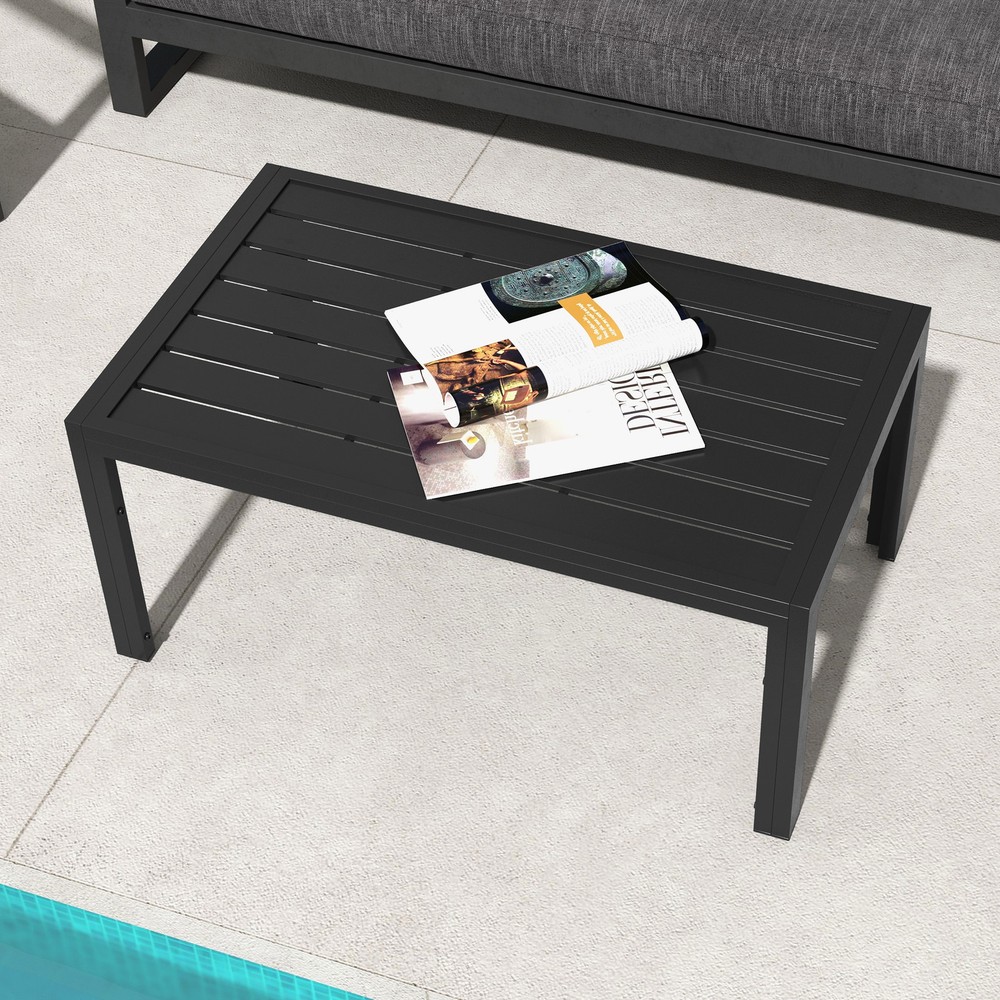 Outdoor Coffee Table Rectangle Side Table with Steel Frame Black