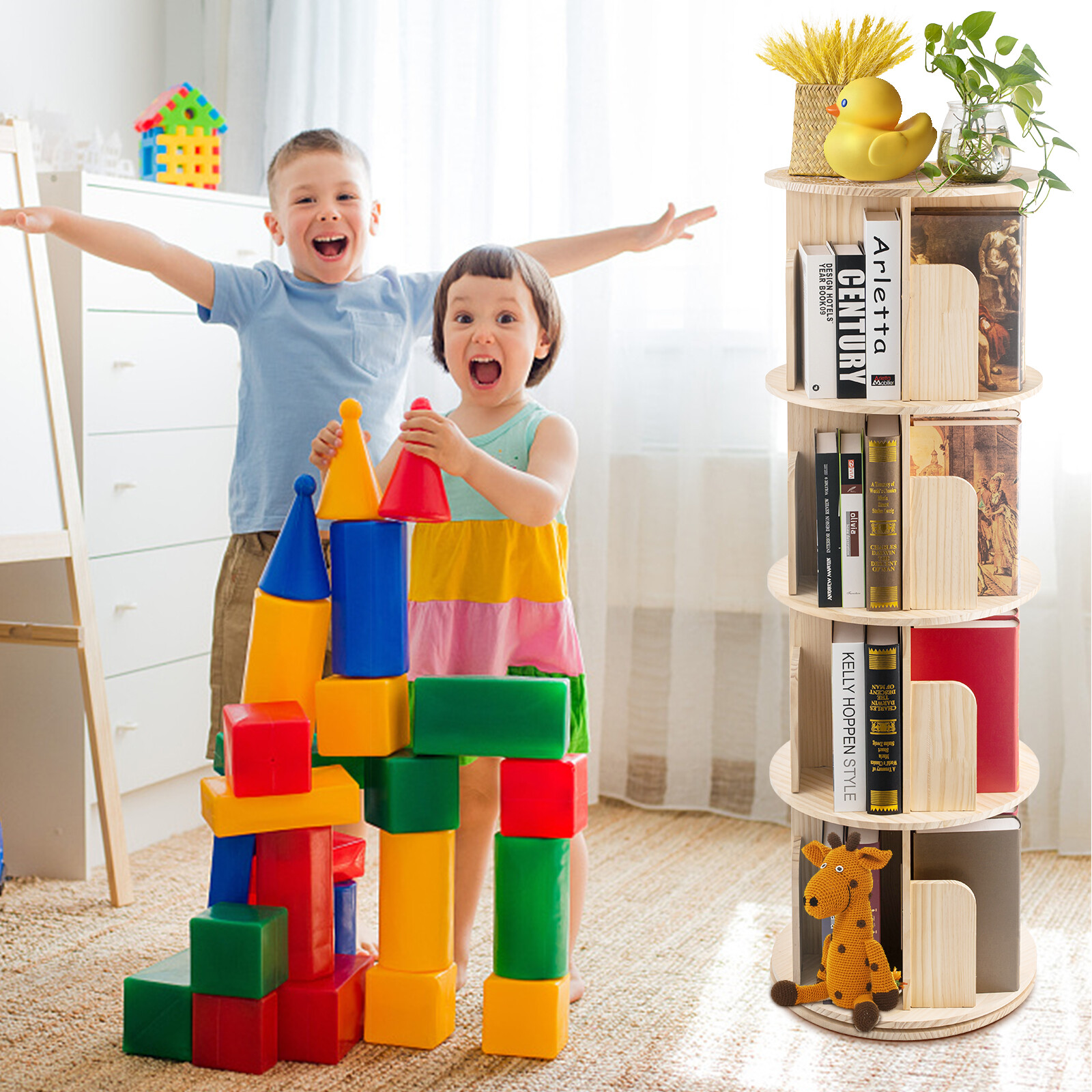 4 Tier 360° Rotating Bookshelf Bookcase Storage Shelf Freestanding Display Rack