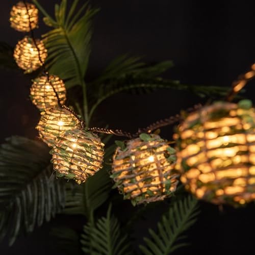 Decorative Lantern String Lights, Outdoor Plug Hemp Rope with Green Leaf Balls