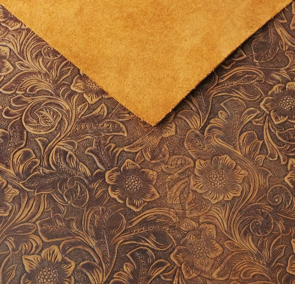 Genuine Leather Sheets Plain Geometric Pattern Printed, Bourbon Brown, 12"x24"