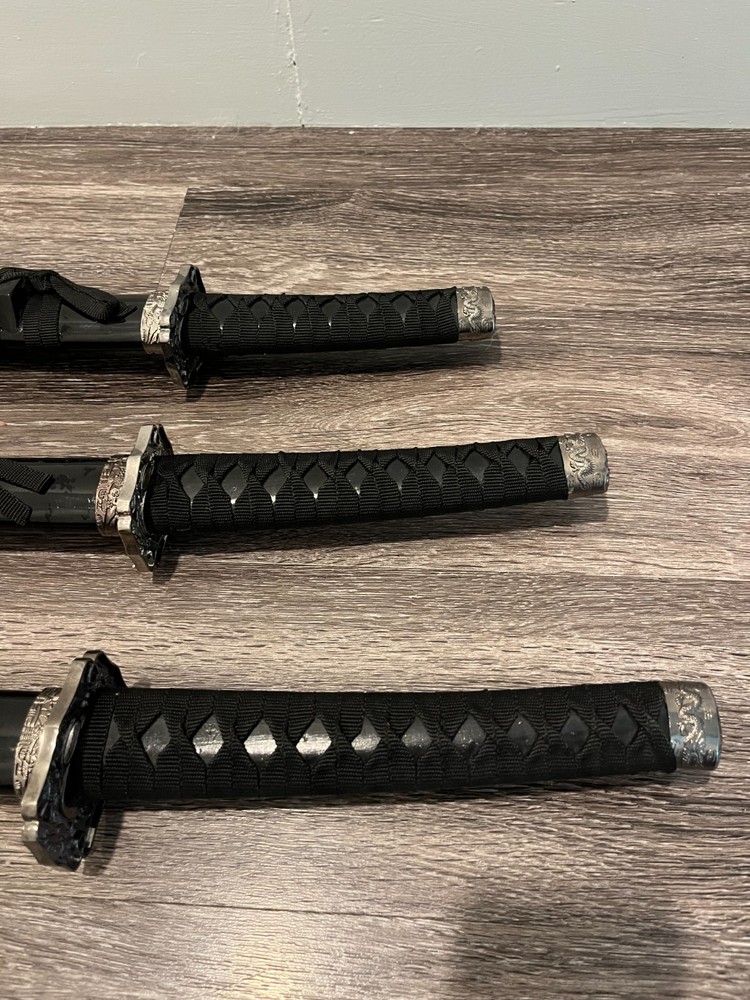 *Damaged* READ DESCRIPTION Set of 3 Black Display Katanas Dragon Unsharpened