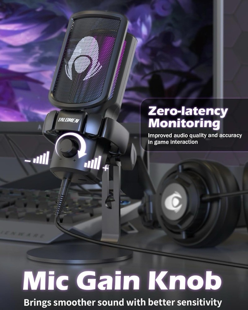 Talomen Gaming Microphone USB PC Mic With Gain Adjustment & Zero Latency Mode