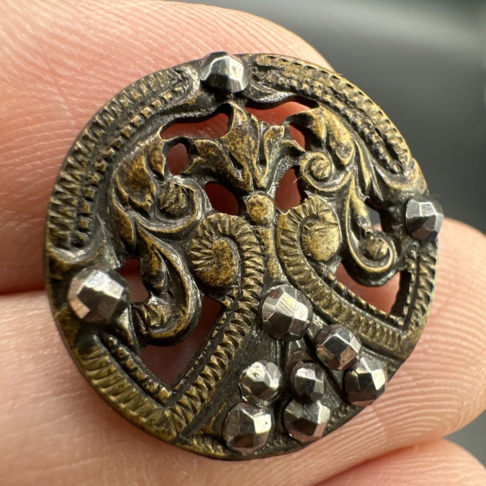 Antique Open Work Cut Steel Button Pierced Brass