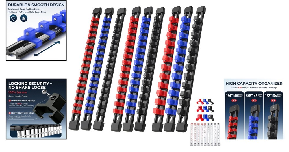 Versatile Socket Clip Rail Holder - 9-Piece Set, Color-Coded for Easy Access
