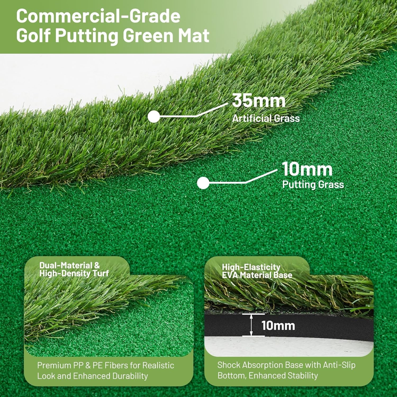 5x10 FT Golf Putting Green Indoor Outdoor, Dual-Turf Mat with 3 Holes & Flags