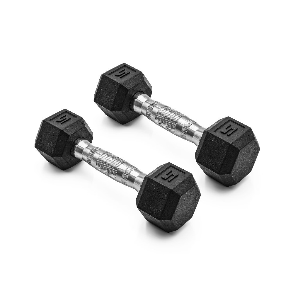 Barbell, 5lb Coated Rubber Hex Dumbbell, Pair