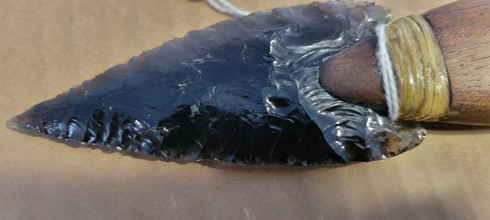 Native Amer.Smokey Obsidian Stone Knife Wood Handle Oregon Dbl. Edge Translucent