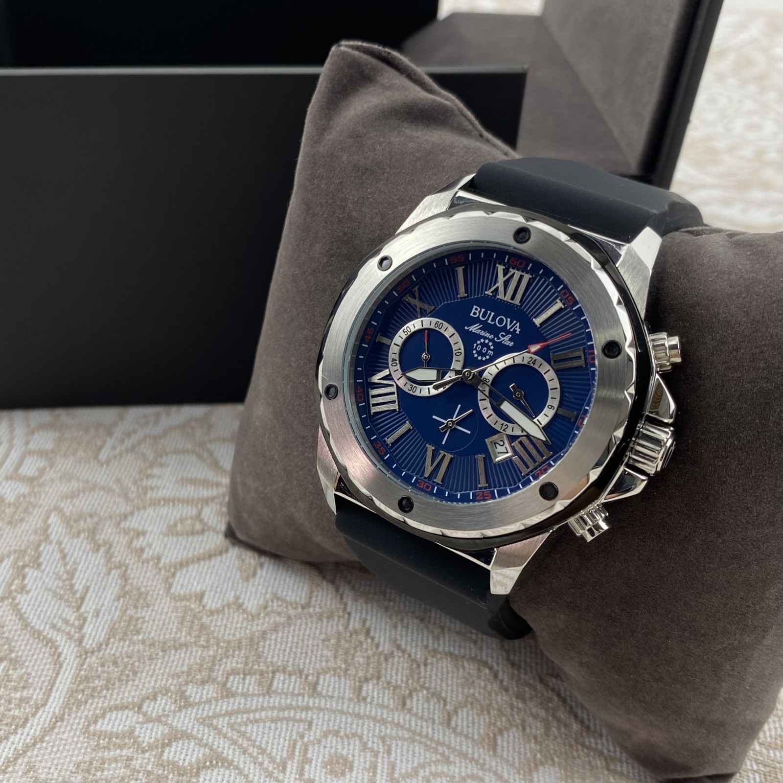 Bulova Marine Star 98B258 Automatic Blue Dial Black Rubber Strap Men's Watch