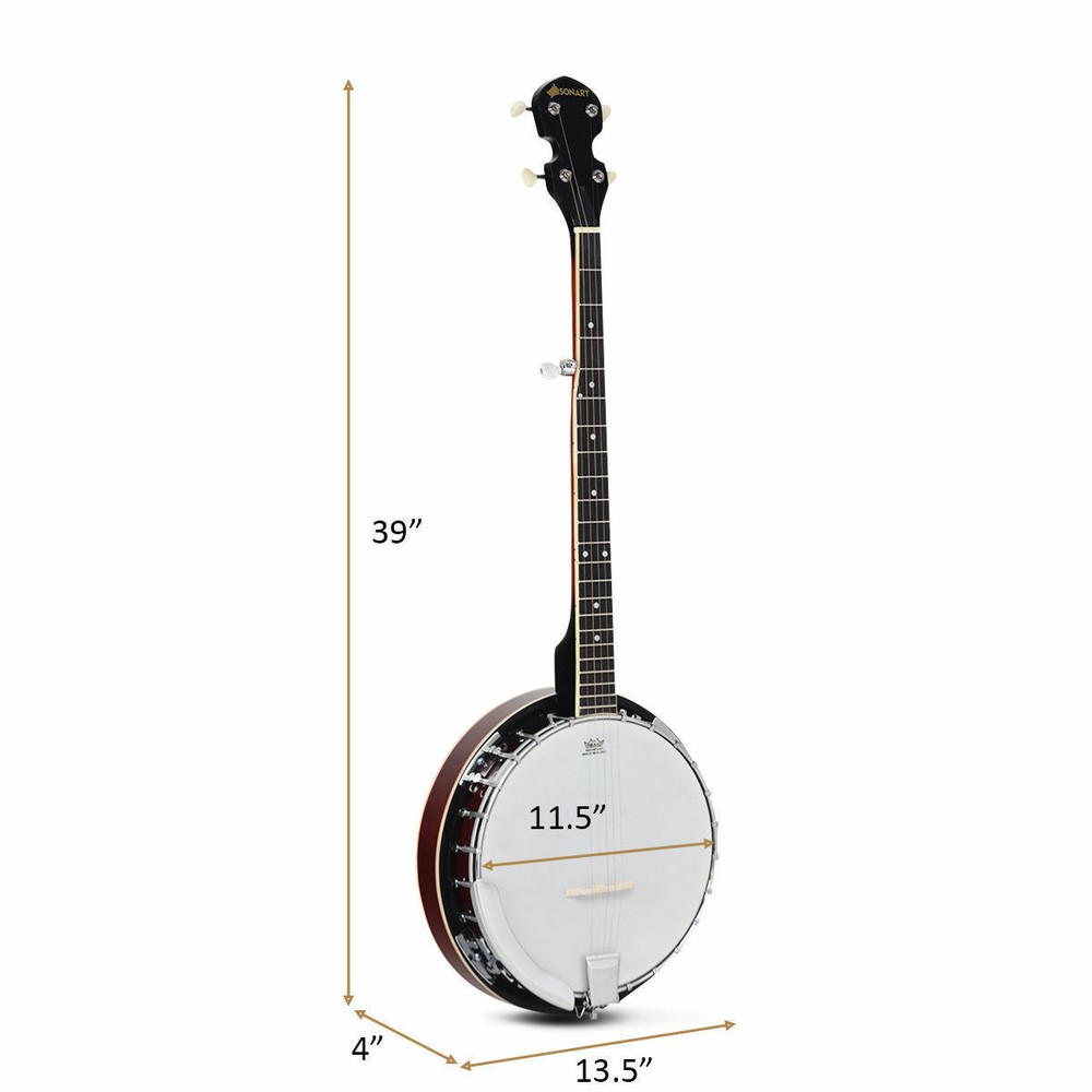 Sonart 5 String Geared Tunable Banjo 24 Brackets Closed Back Remo Head w/ Case