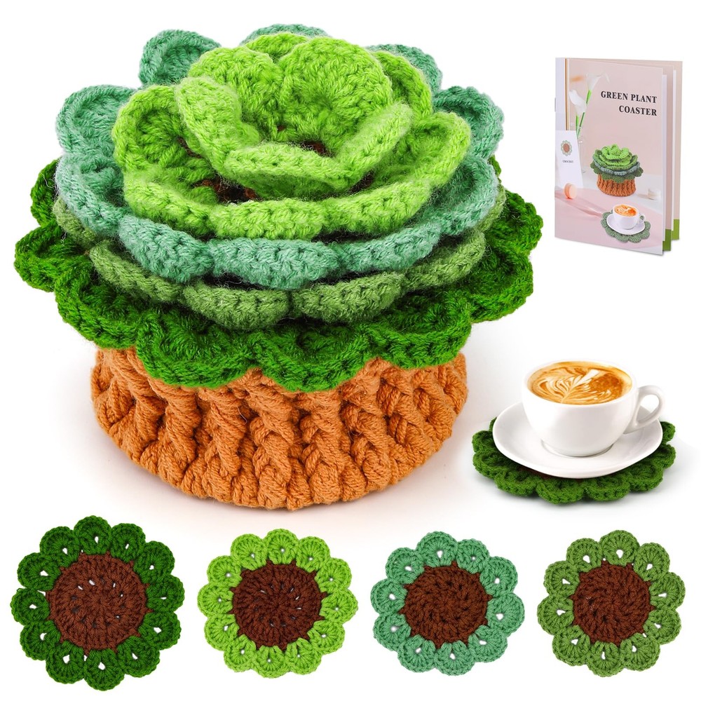 Crochet Kit for Beginners Plant Coasters Easy Learning Hook Yarn Set