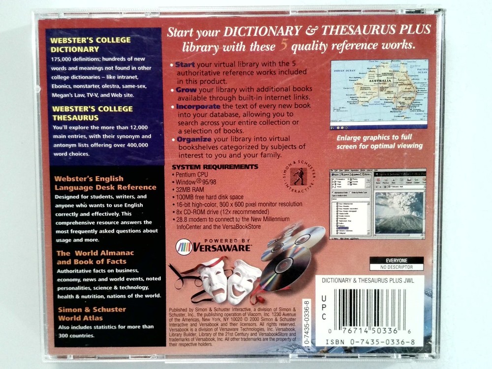 Simon & Schuster New Millennium Dictionary Thesaurus Plus PC CD-ROM Windows 95