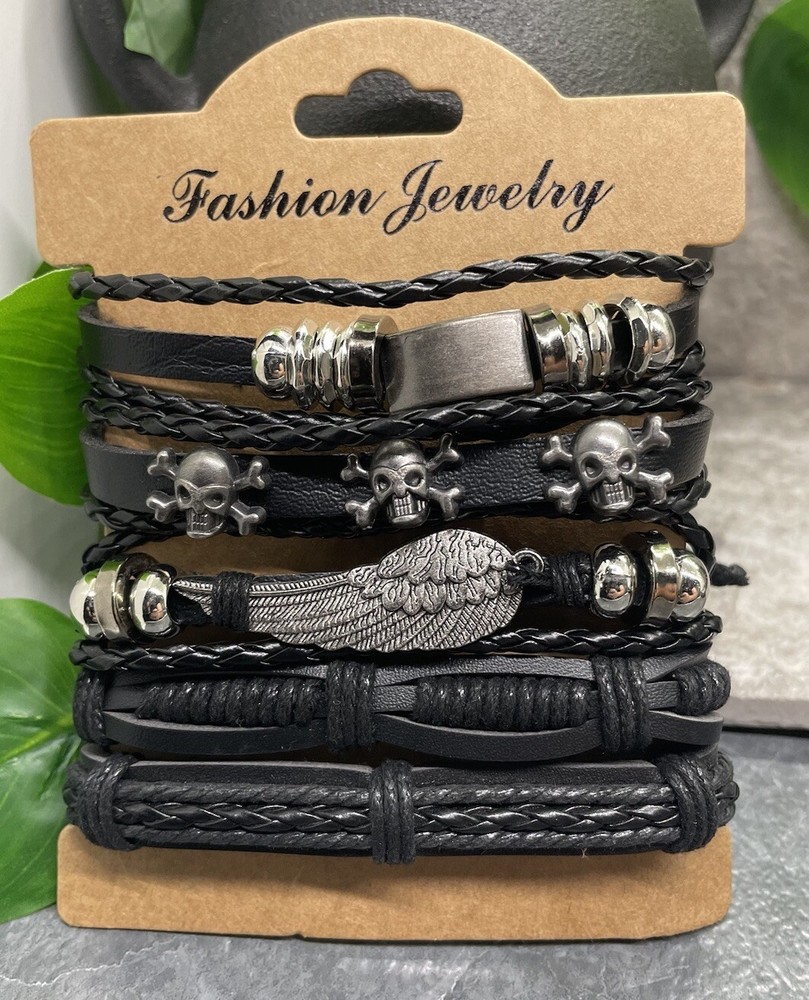 5 PC PU Leather Punk Bead Bracelet Stackable Adjustable Tie New Free Ship B3322