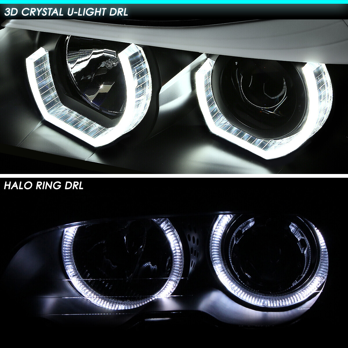 [3D U-Halo DRL+LED Signal] For 09-12 BMW E90 3-Series Projector Headlights Black