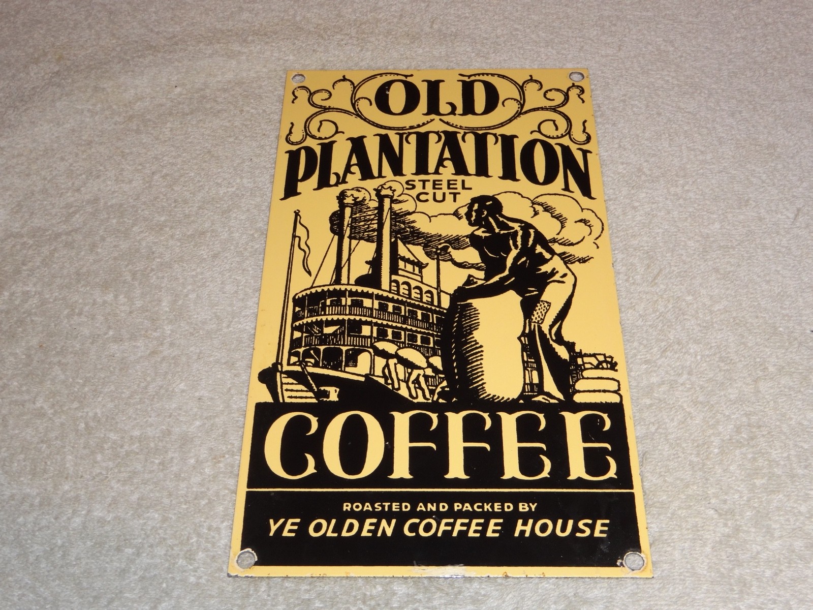 VINTAGE OLD PLANTATION COFFEE W/ PADDLE BOAT 10.5" PORCELAIN METAL GASOLINE SIGN