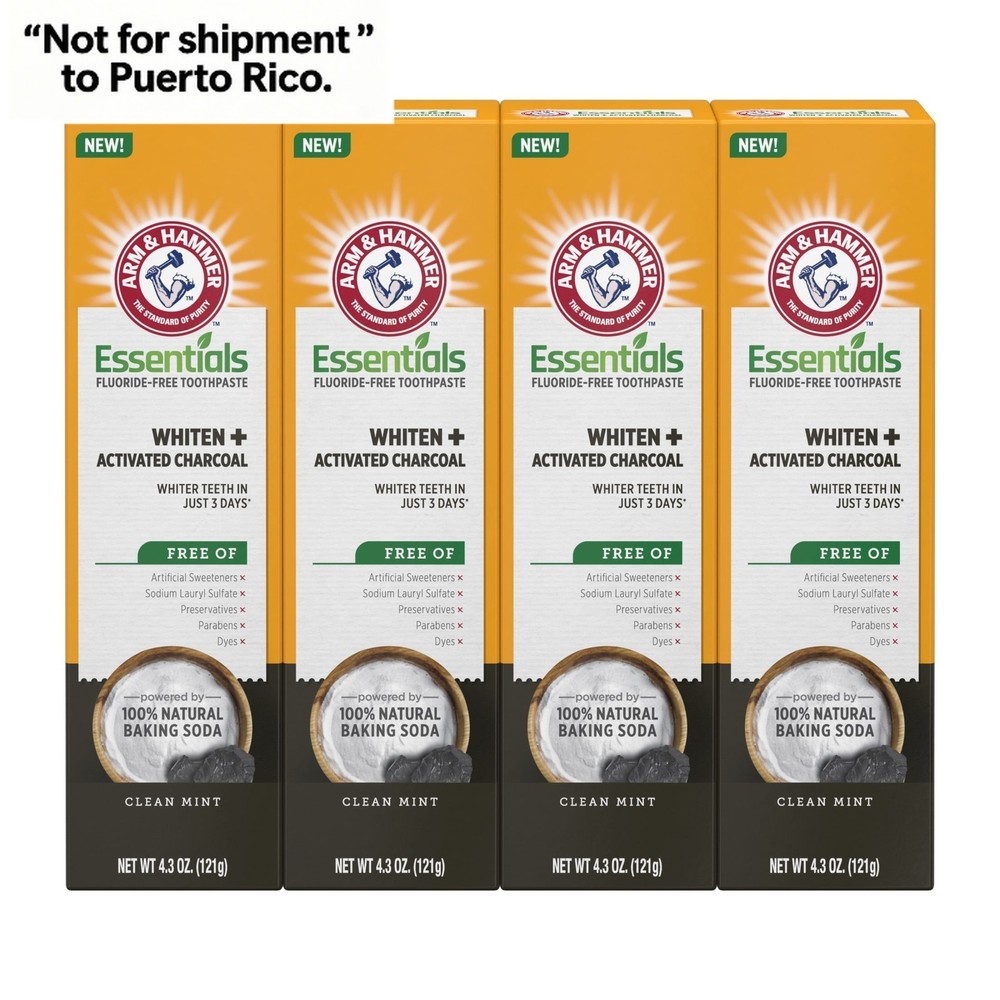 ARM & HAMMER Essentials Toothpaste, 4.3oz 4pk, Fluoride-Free, Clean Mint