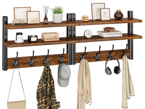 Coat Rack Wall Mount with Shelf, Two-Tier Wall Shelf Mounted with Rustic Brown