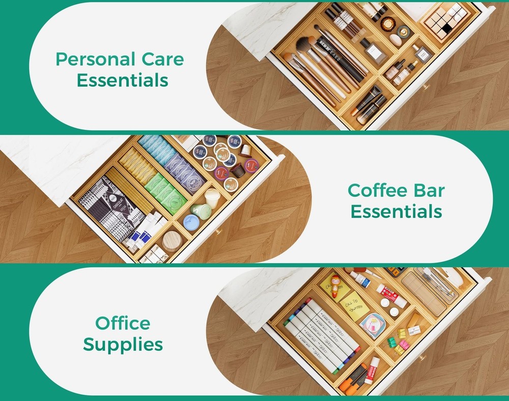 Long Bamboo Kitchen Drawer Organizer Boxes – 17" x 6" Stackable Wood Silve