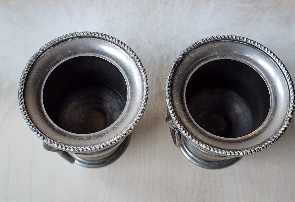 🌿 Pair Of Vintage EALES 1776 Lion's Head Metal Pot Silverplate 3" bucket Urns