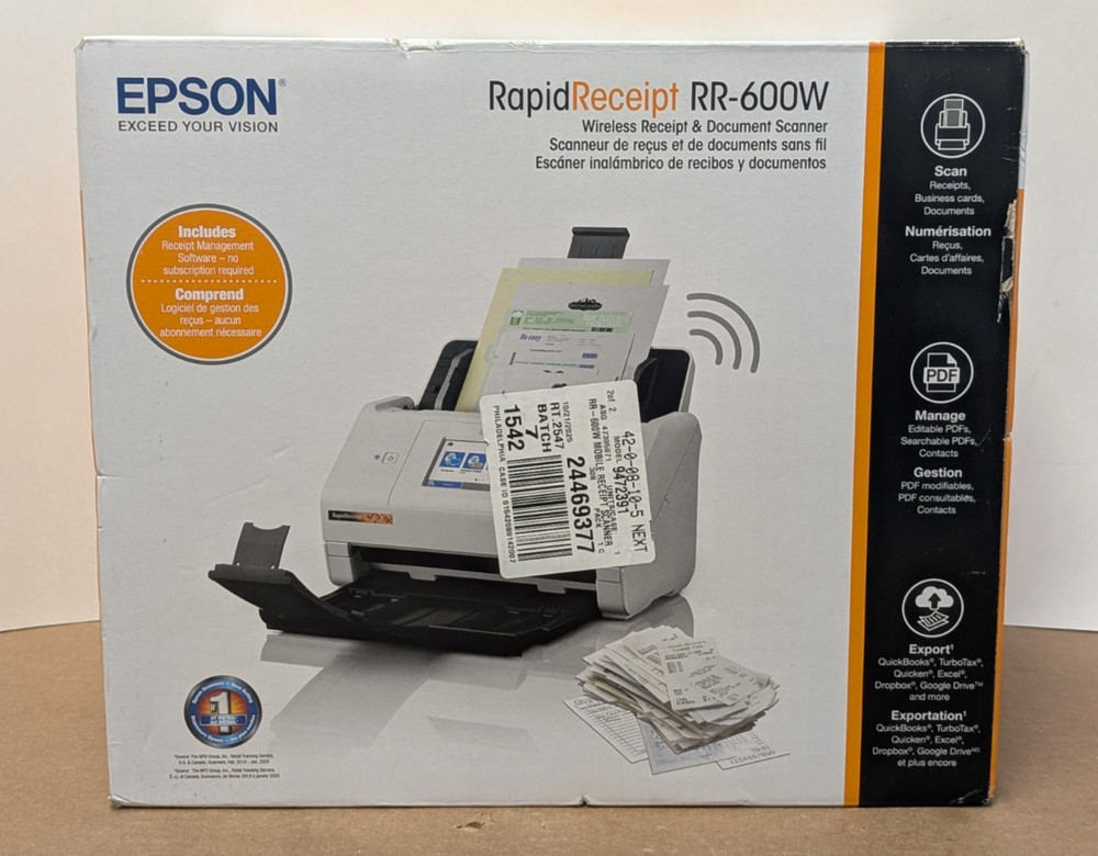 Epson RapidReceipt RR-600W Wireless Desktop Receipt & Document Scanner - NEW!