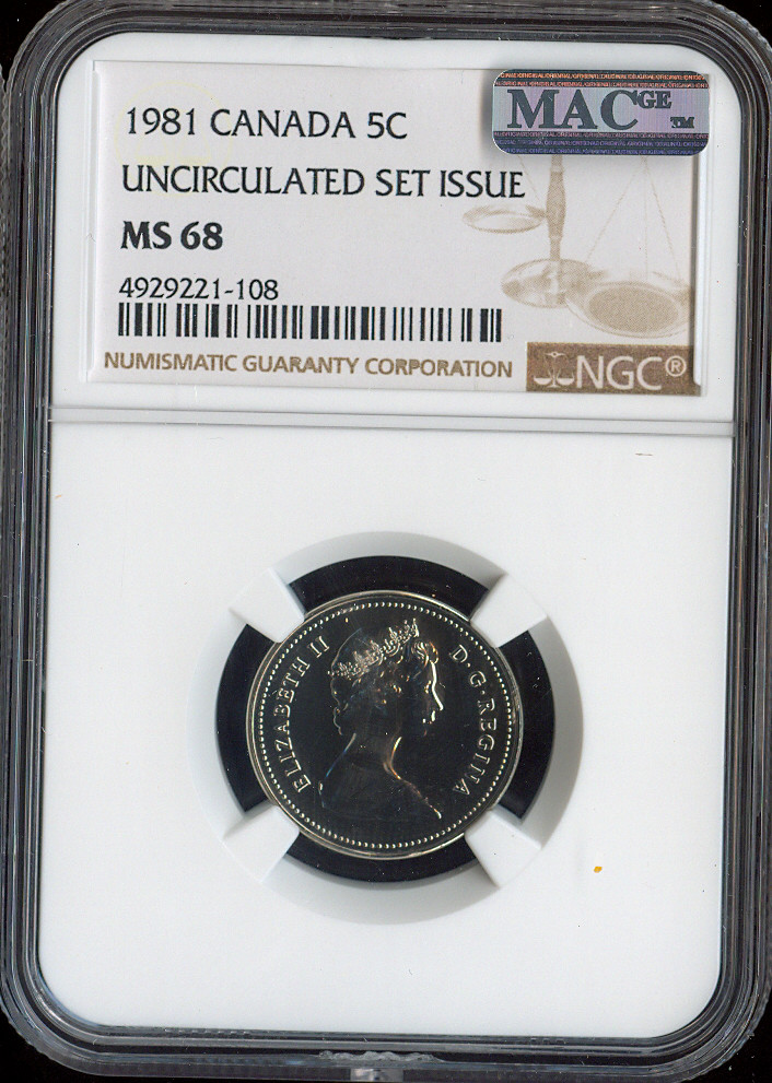 1981 Canada 5 Cents 5C NGC MS68 MAC - Quality
