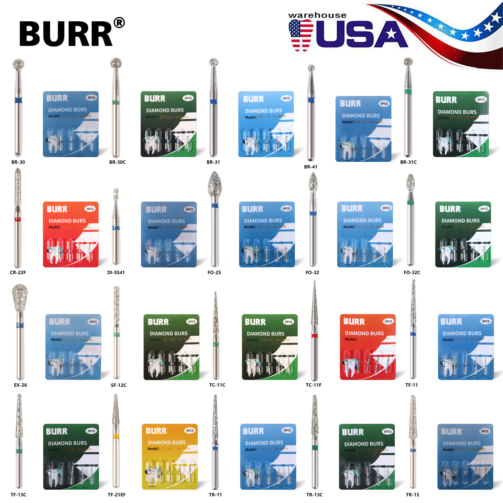 100 fresas diamante para turbina Diamond Burs dental High speed handpiece 1.6mm