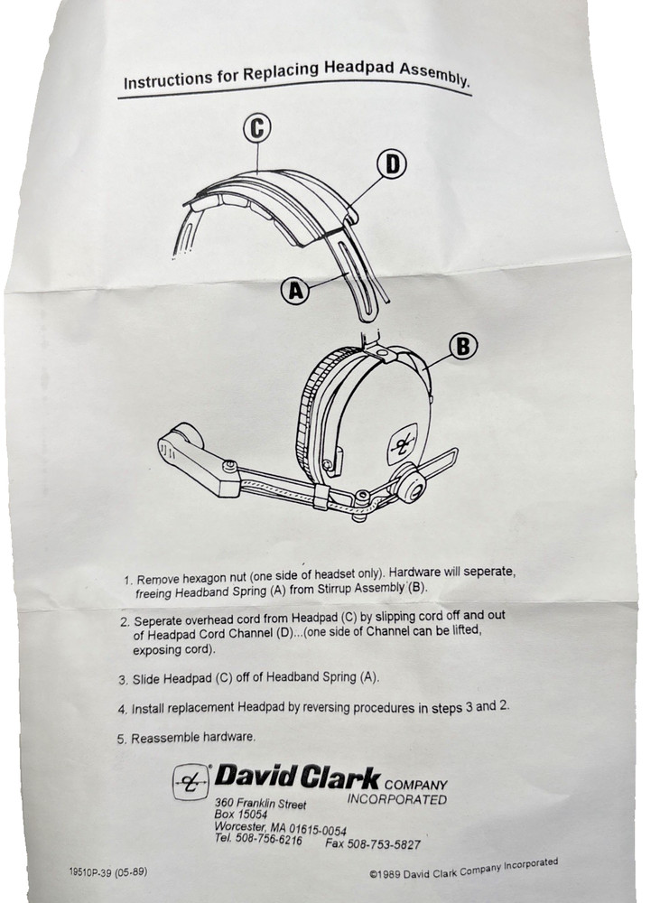 David Clark head pad assembly PN40075G-02 new