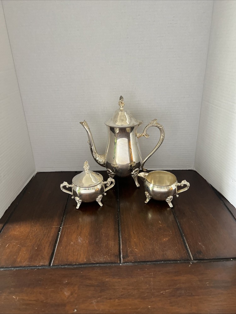 SILVER PLATE Teapot Footed With Matching Creamer & Sugar&lid Vintage