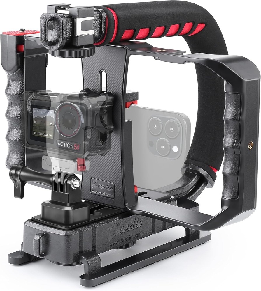 Camera Smartphone Handheld Stabilizer, Triple Cold-Shoe Handle Grip Compatibl...