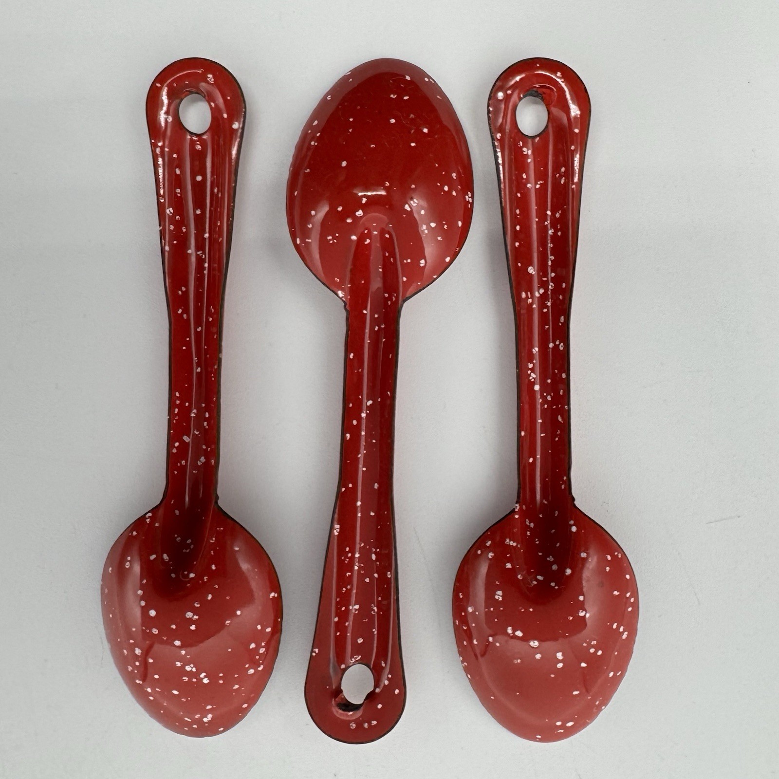 RED Speckle 6" SPOONS 3 pc Lot Vintage Enamel Metal Enamelware Camping Speckled