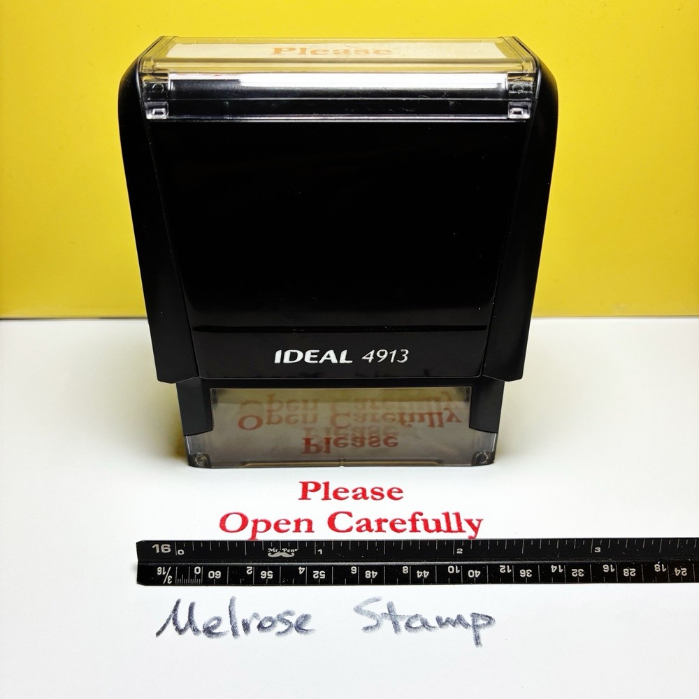 Please Open Carefully Rubber Stamp Red Ink Self Inking Ideal 4913 Large