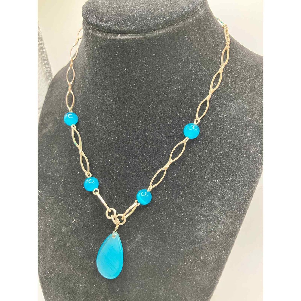 Blue Translucent Beaded Teardrop Pendant Necklace Vintage!