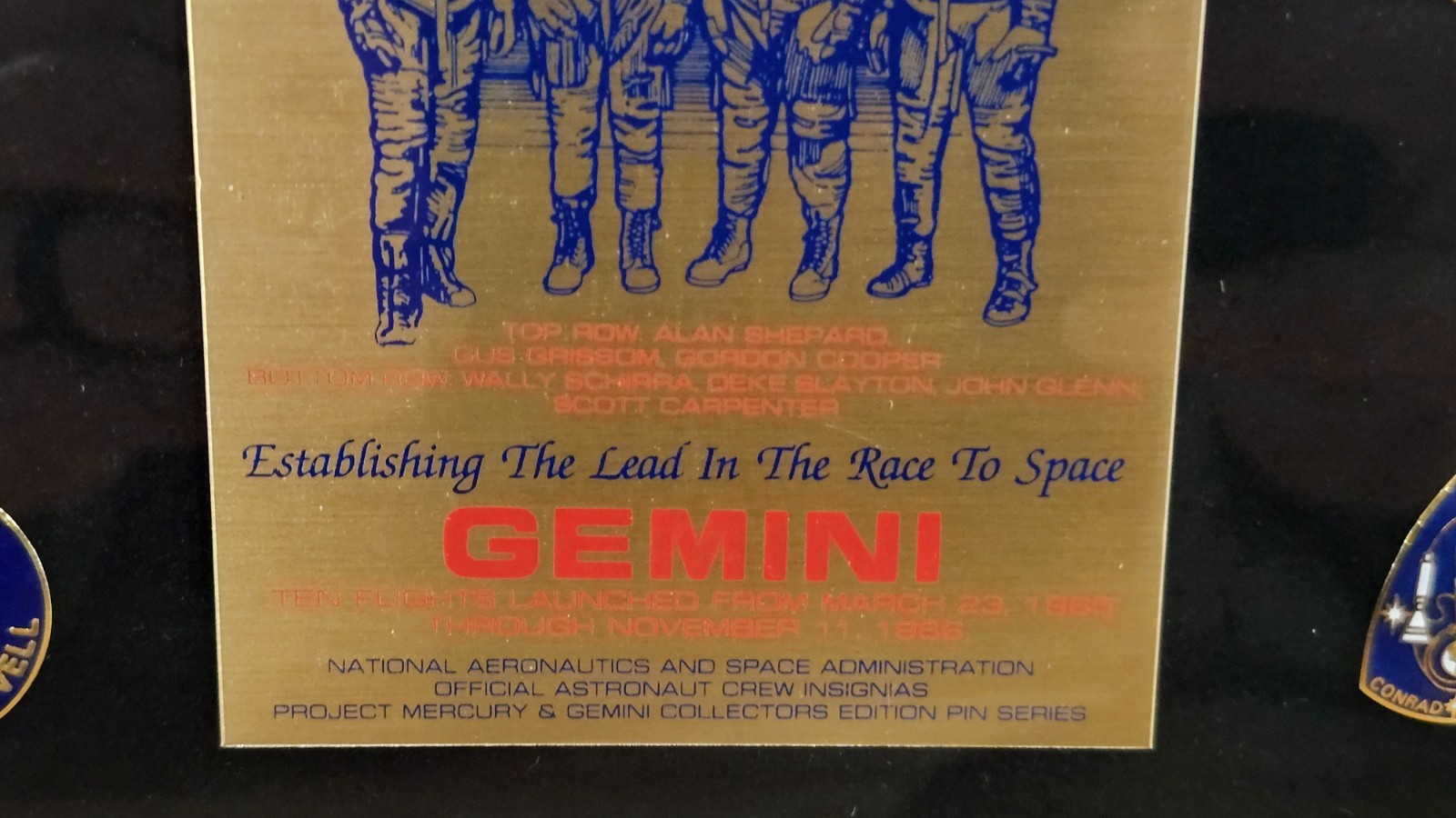rare Wesco framed collection of NASA Mercury - Gemini insignia pins