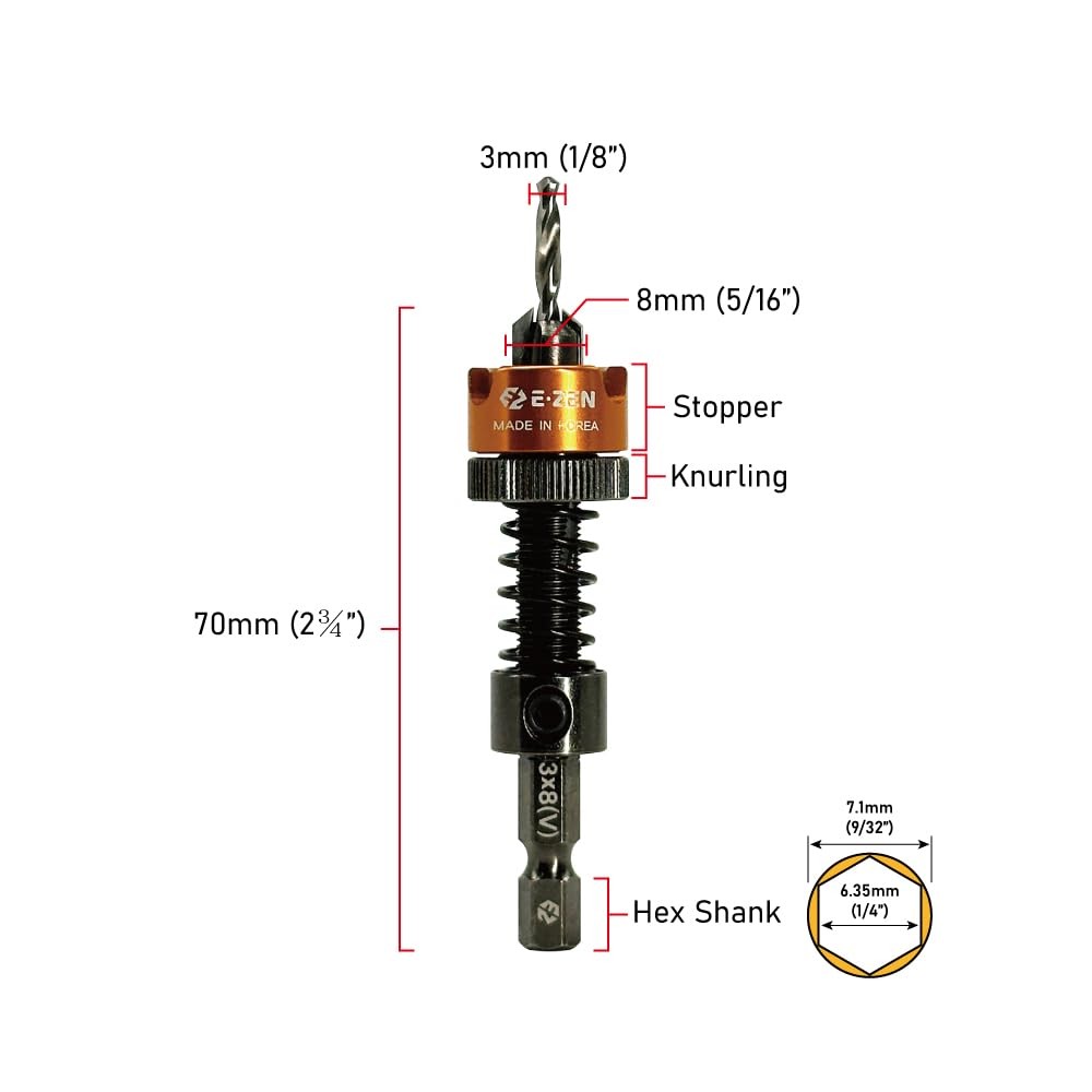 EZ EZEN Depth Adjustable Countersink Drill Bit (3 x 3 x 8mm (1/8" x 5/16")