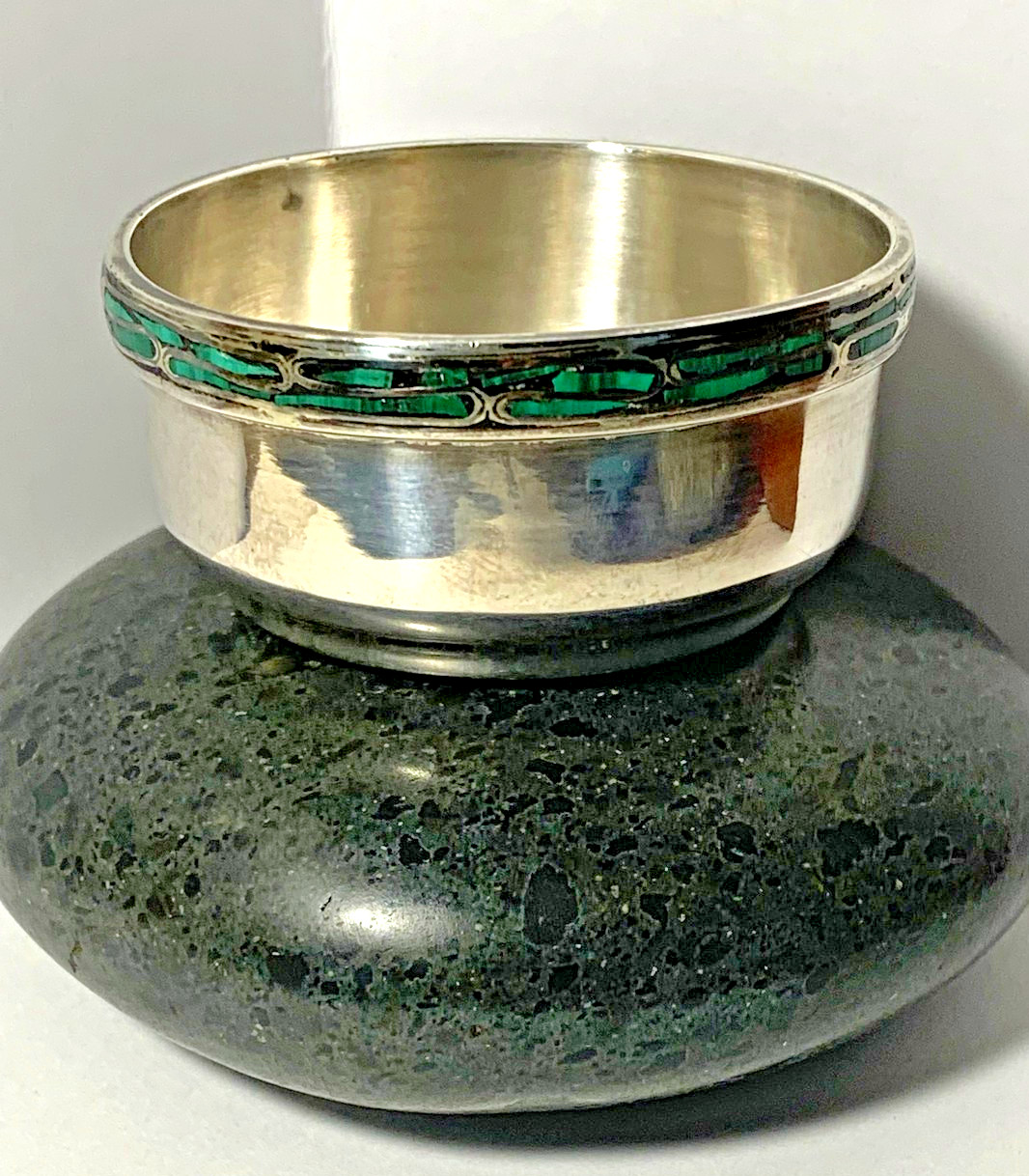 Vintage Sterling Silver Bowl Dish with Inlay Malachite Stone Mid Century Modern