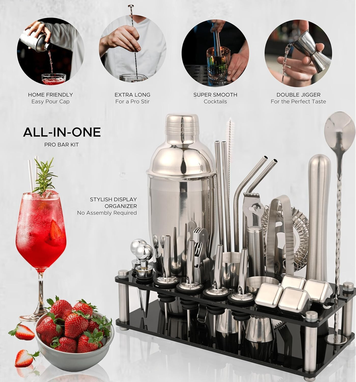 26 PC Bartender Kit Complete Cocktail Shaker Tool Set Stainless Steel with Stand