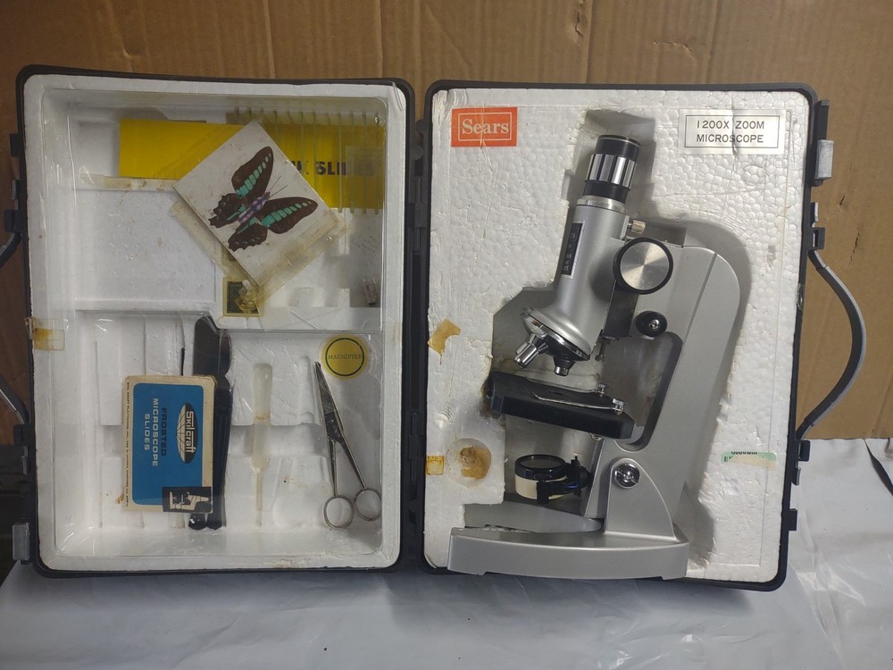 Sears Microscope Set Vintage, 200X Zoom Microscope,W/ Case & Extras