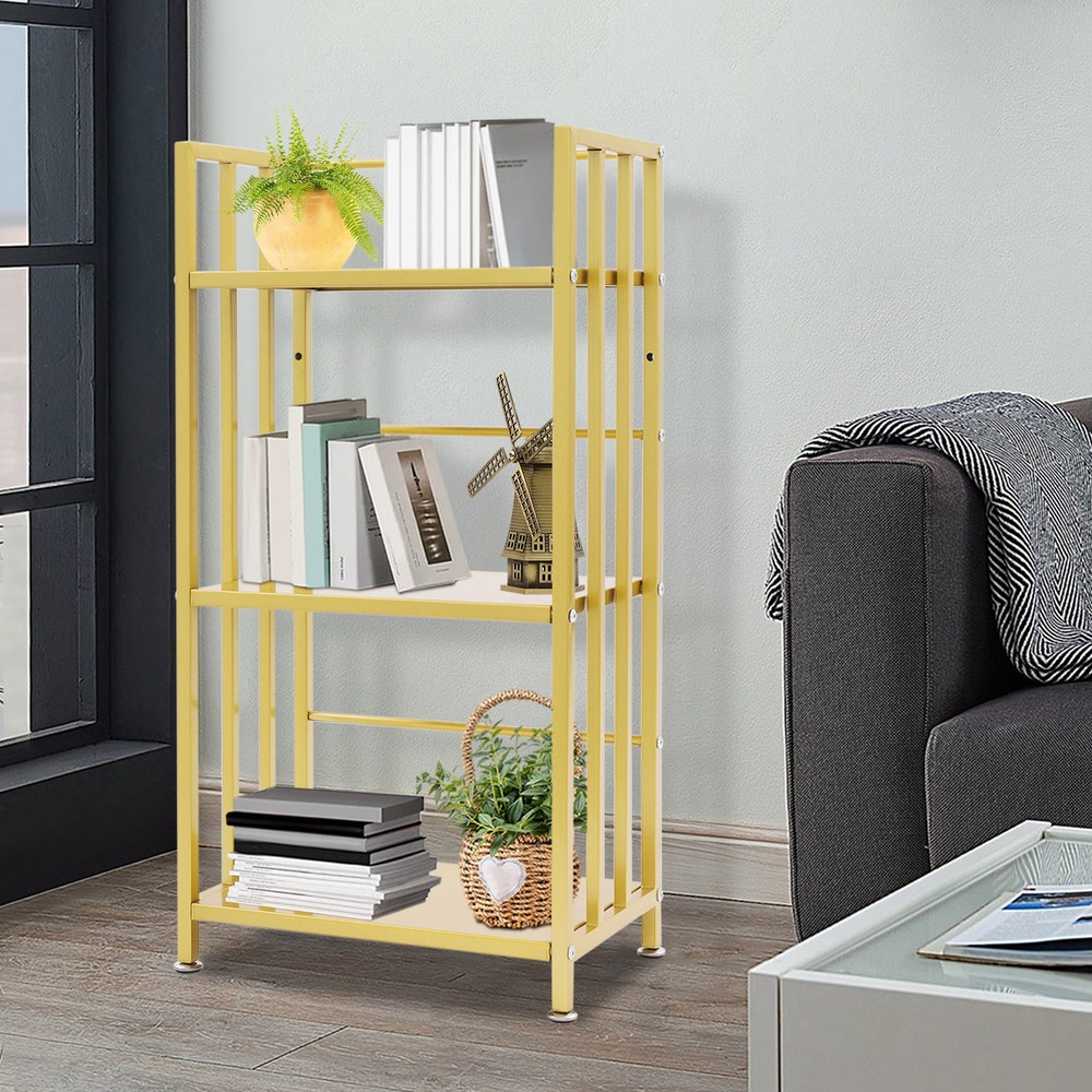 Open Shelf Bookcase, 3-Tier Display Rack, Gold, Baking Paint, Floor Mount