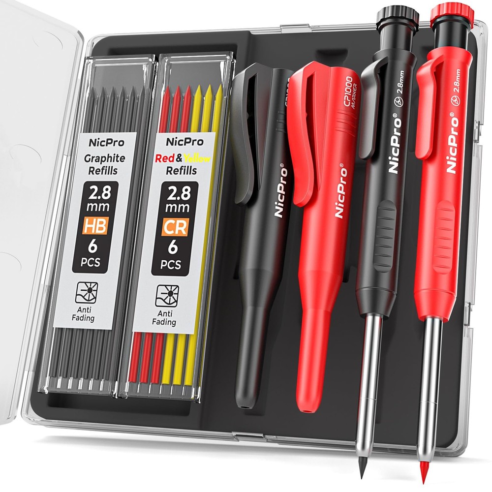 Nicpro 2Pack Carpenter Pencil with Sharpener, Mechanical 2 Pack, Red, Black