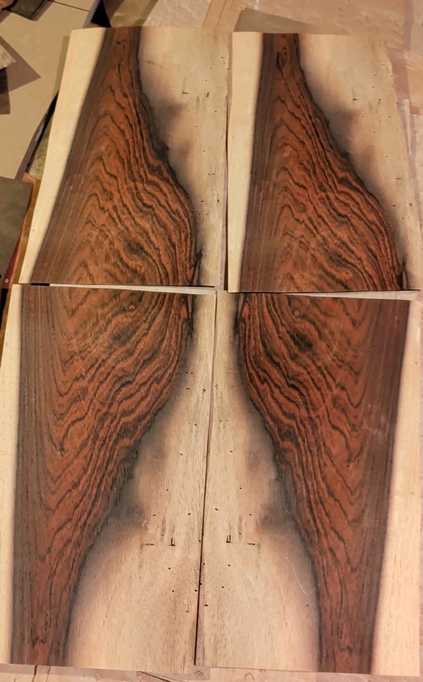 4 pieces of rosewood wood veneer 7" x 12 1/2" each raw 1/42" holes old