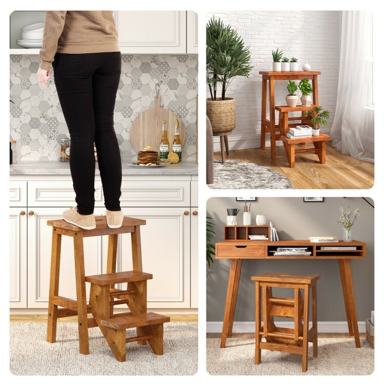 3-in-1 Multifunctional Wood Step Stool Step Ladder Folding w/Convenient Handle