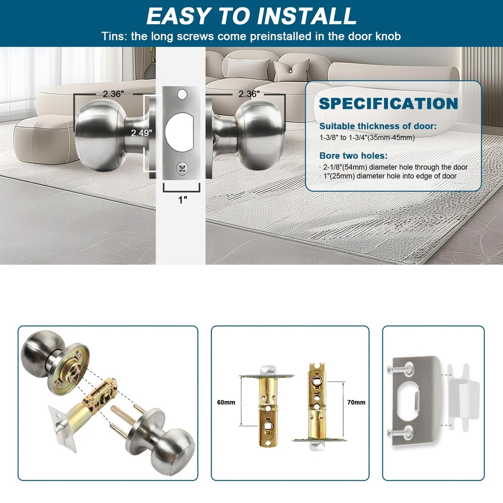 Passage Door Knobs, 6 Pack Satin Nickel Door Knobs, for Hallway & Closet Non-Loc