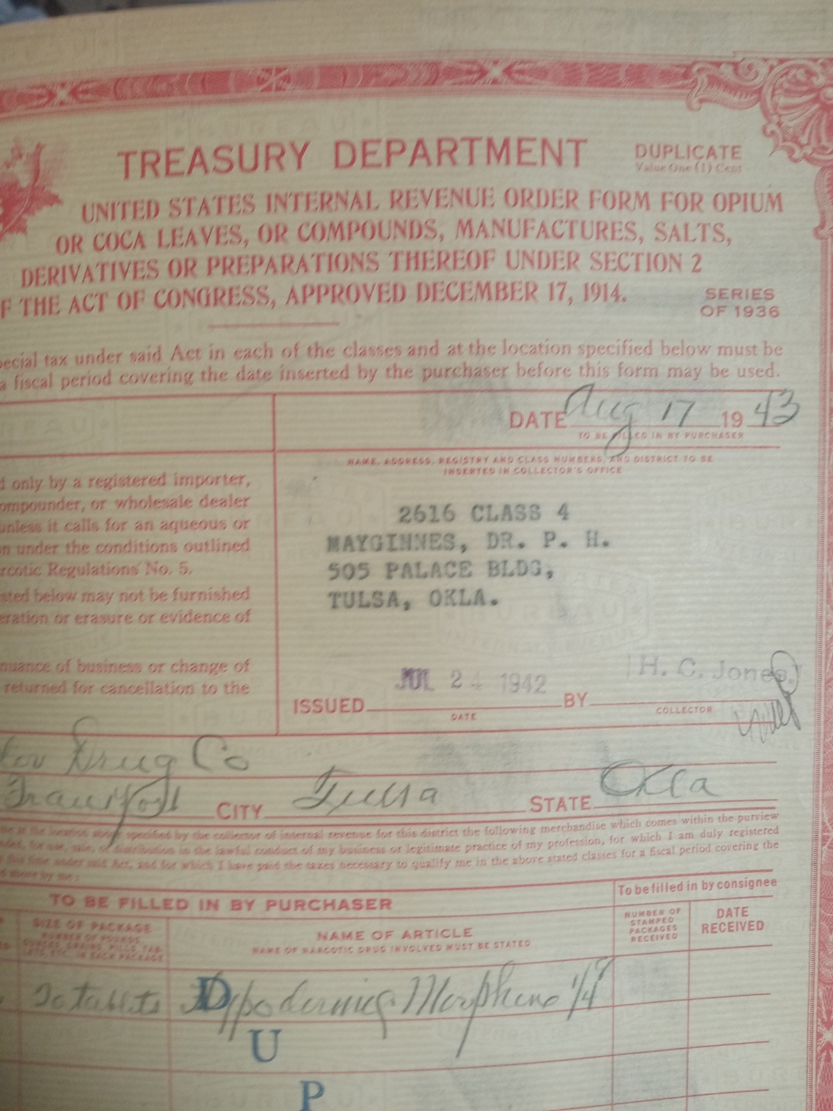 Tulsa History Opium Order Forms IRS 1936 OKLA Doctors Physicians Medical Book.