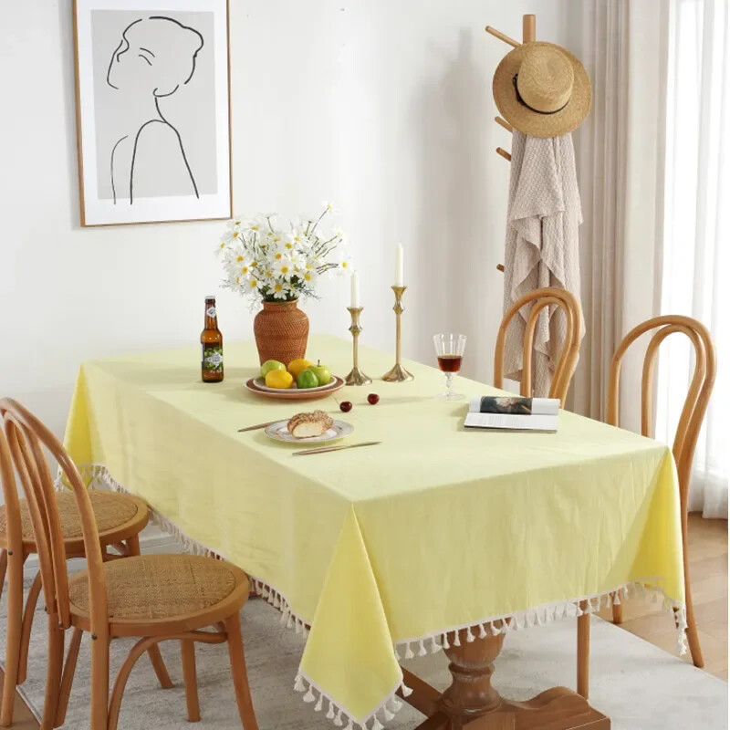 White Tablecloth with Ruffles Cotton Linen Plain Tablecloth Dining Table Cover