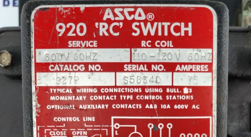 ASCO 927P RC SWITCH 75 AMPS